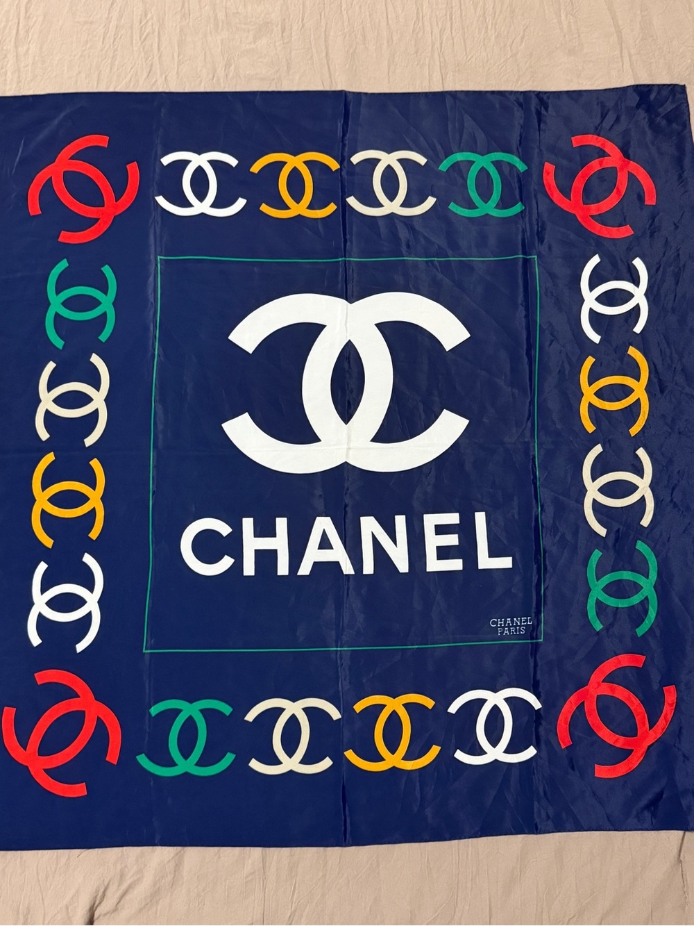 CHANEL Navy Silk Scarf with Multicolor CC Chain Motif